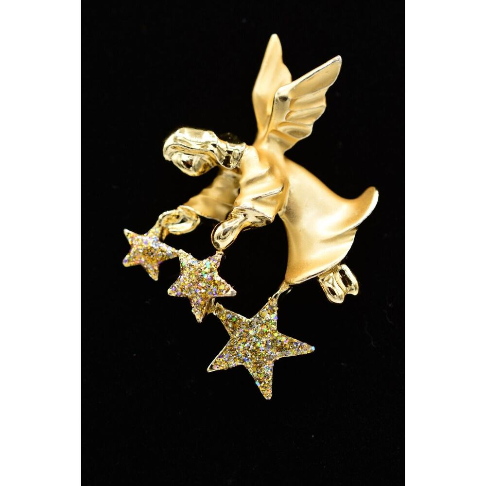 GIGI Vintage Angel Pin Brooch Tac Stars Christmas Brushed Gold Signed 80s Bin5B